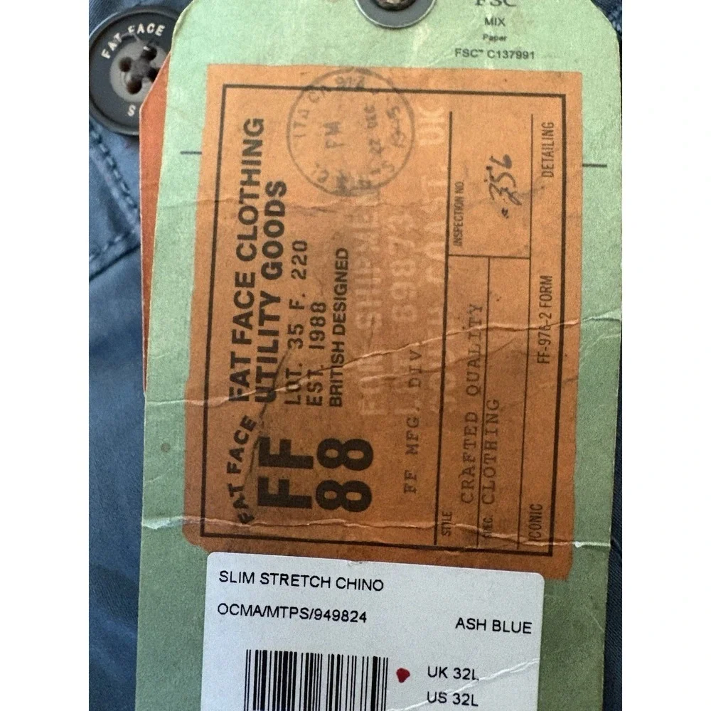 Fat Face Men's 32x32 Ash Blue Slim Stretch Chino Pants‎ NWT